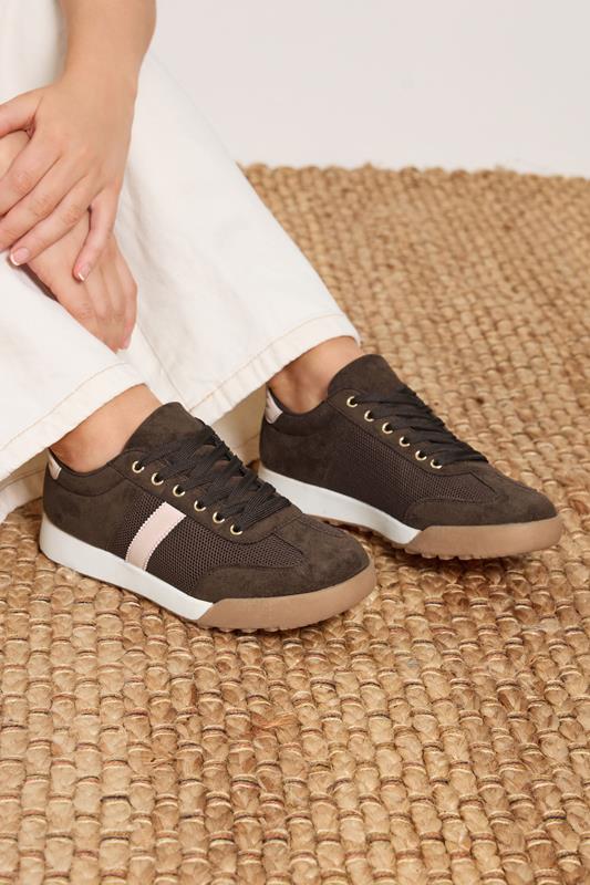  Yours Brown Side Stripe Gum Sole Trainers In Extra Wide EEE Fit