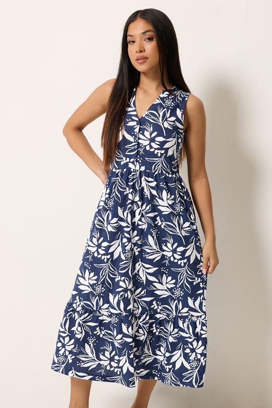 M&Co Petite Navy Blue Leaf Print Sleeveless Cotton Midi Dress
