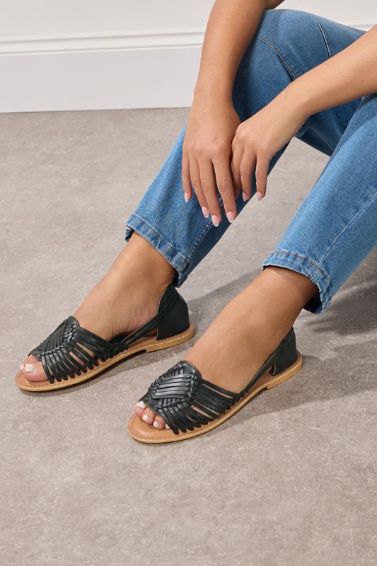 Black Leather Woven Flat Sandals In Wide E Fit & Extra Wide EEE Fit | Yours Clothing 2