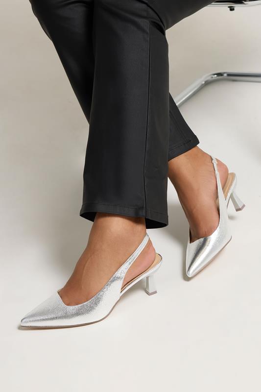 Plus Size  Yours Silver Faux Leather Slingback Kitten Heels In Extra Wide EEE Fit