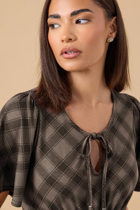 PixieGirl Petite Women's Brown Check Tie Front Midi Dress | PixieGirl 4