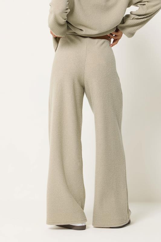 PixieGirl Petite Women's Sage Green Ribbed Soft Touch Wide Leg Trousers | PixieGirl 2