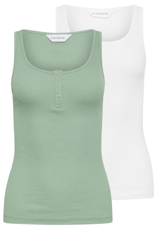 PixieGirl Petite Women's 2 PACK Sage Green & White Ribbed Popper Vest Tops | PixieGirl 7