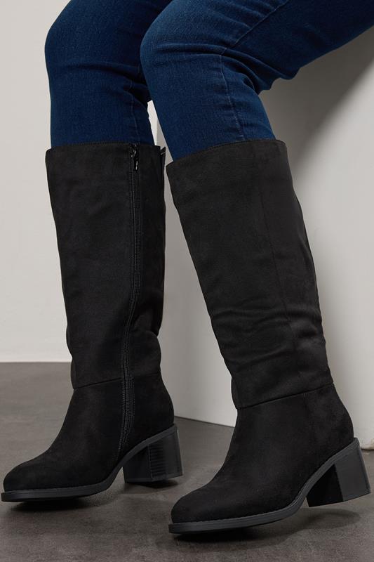 Black Faux Suede Block Heel Knee High Boots In Wide E Fit & Extra Wide EEE Fit | Yours Clothing 1