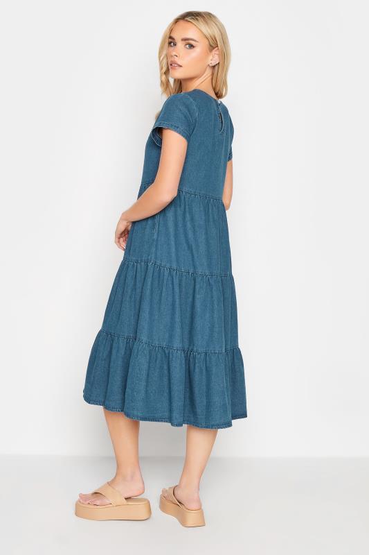 PixieGirl Petite Womens Blue Denim Tiered V-Neck Midi Dress | PixieGirl 3