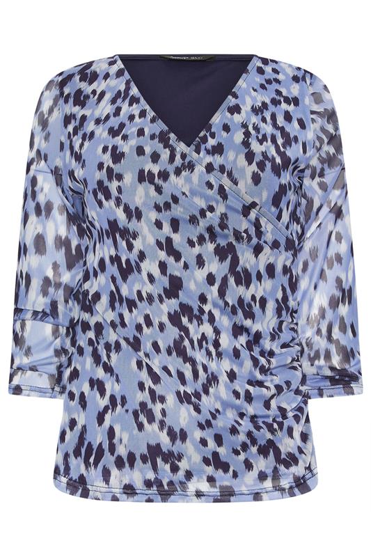 M&Co Petite Blue Animal Print Mesh Sleeve Wrap Top | M&Co 5