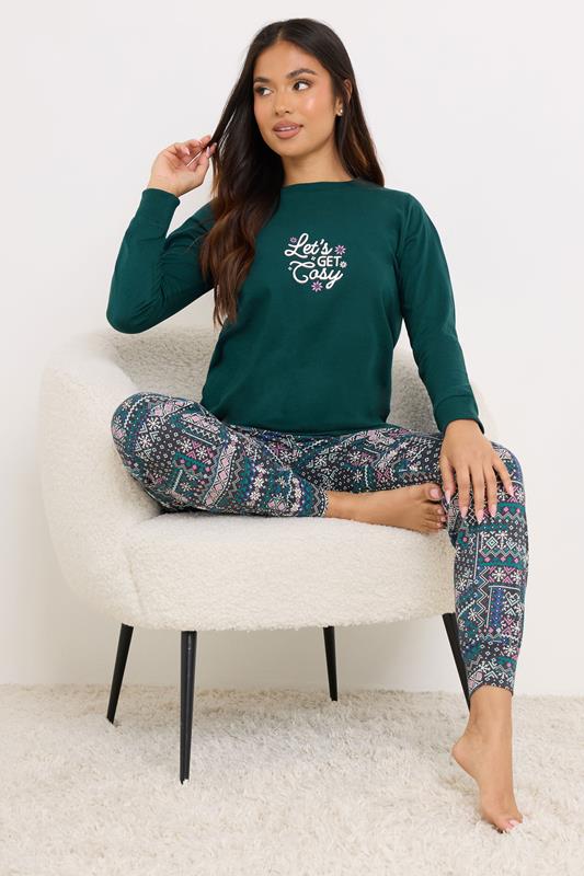 Petite  Yours PixieGirl Petite Green 'Let's Get Cosy' Snowflake Slogan Pyjama Set