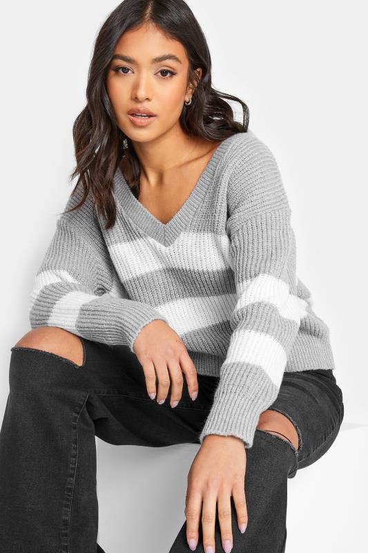 Petite Grey & White Stripe V-Neck Knitted Jumper | PixieGirl 4