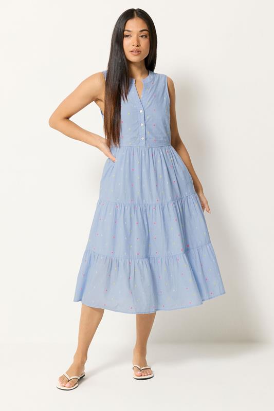 M&Co Petite Light Blue Dobby Tiered Cotton Midi Dress | M&Co 1