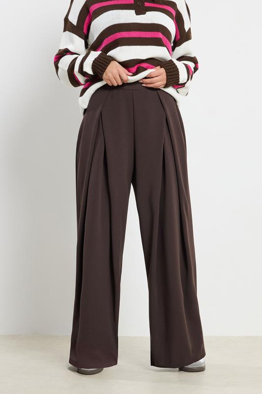 PixieGirl Petite Women's Brown Wrap Pleated Wide Leg Trousers | PixieGirl  2