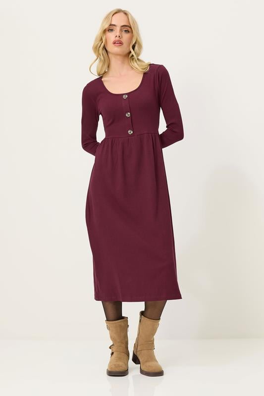 PixieGirl Petite Women's Burgundy Red Ribbed Button Midaxi Dress | PixieGirl 2