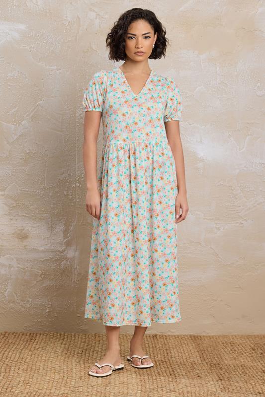 PixieGirl Petite Women's Light Blue Floral V-Neck Midi Dress | PixieGirl 2