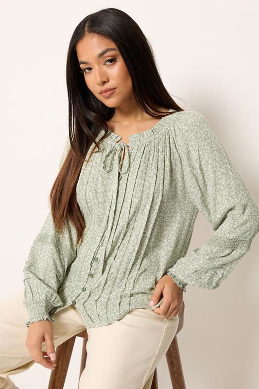  M&Co Petite Sage Green Floral Trim Detail Tie Neck Blouse