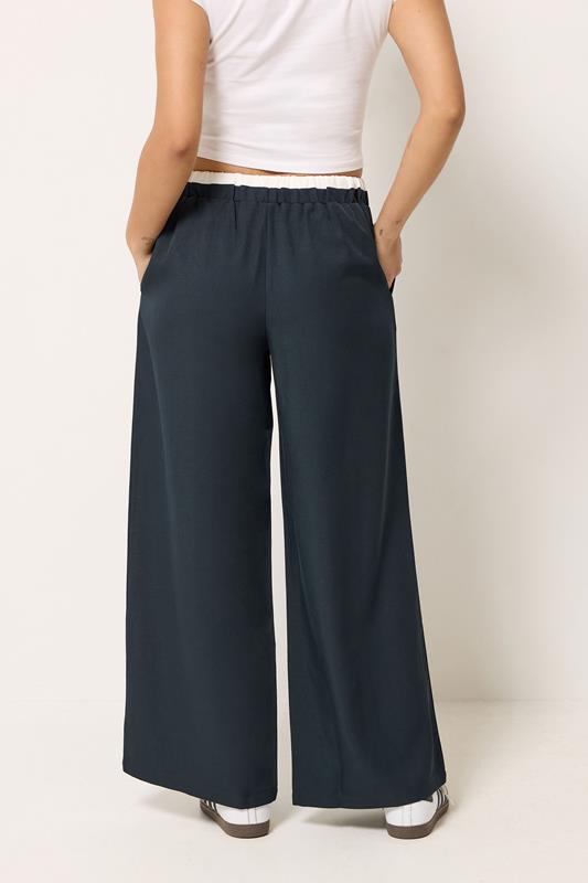 PixieGirl Petite Women's Navy Blue Contrast Pintuck Wide Leg Trousers | PixieGirl 2