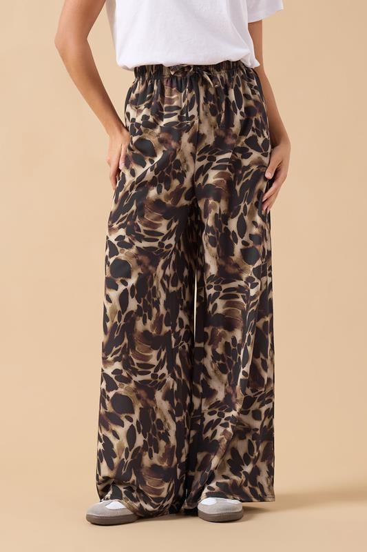PixieGirl Petite Women's Brown Leopard Print Crepe Wide Leg Trousers | PixieGirl 2