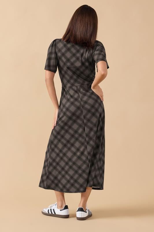 PixieGirl Petite Women's Brown Check Tie Front Midi Dress | PixieGirl 3