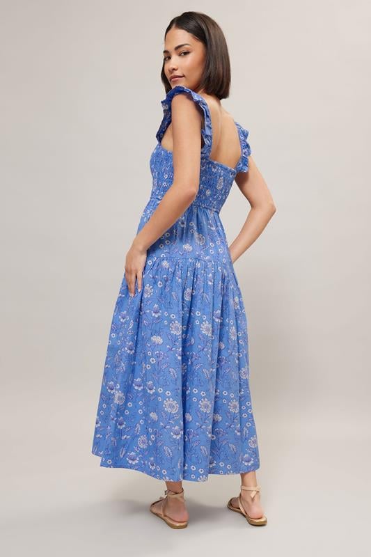 PixieGirl Petite Women's Blue Floral Frill Sleeve Shirred Dress | PixieGirl 3