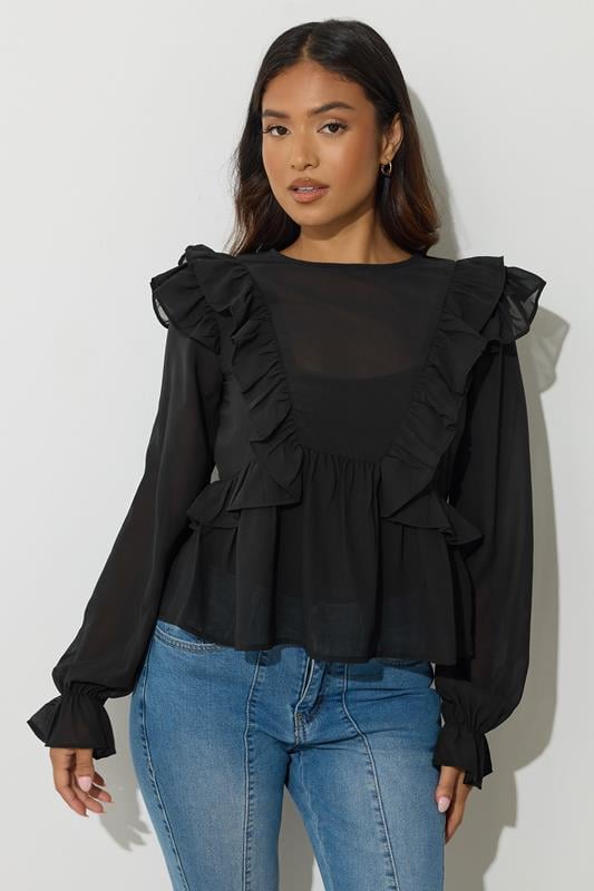 Petite  PixieGirl Petite Black Frill Shoulder Chiffon Blouse