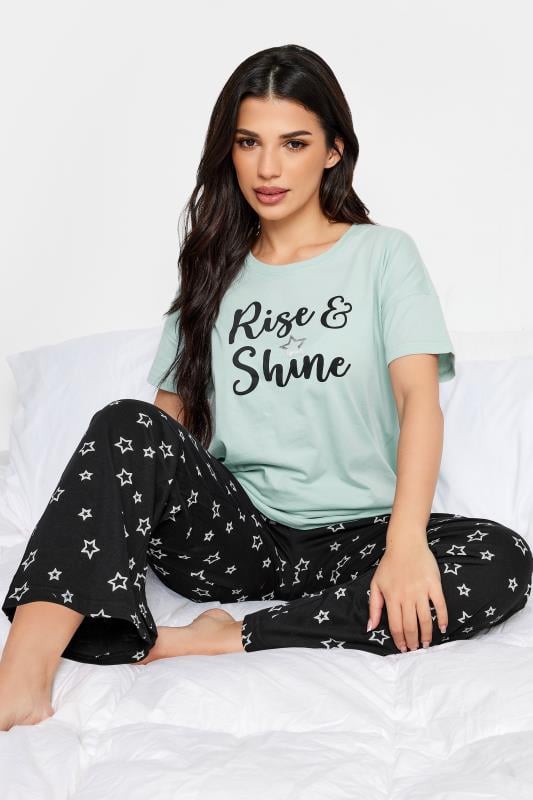 Petite  PixieGirl Light Green 'Rise & Shine' Slogan Wide Leg Pyjama Set