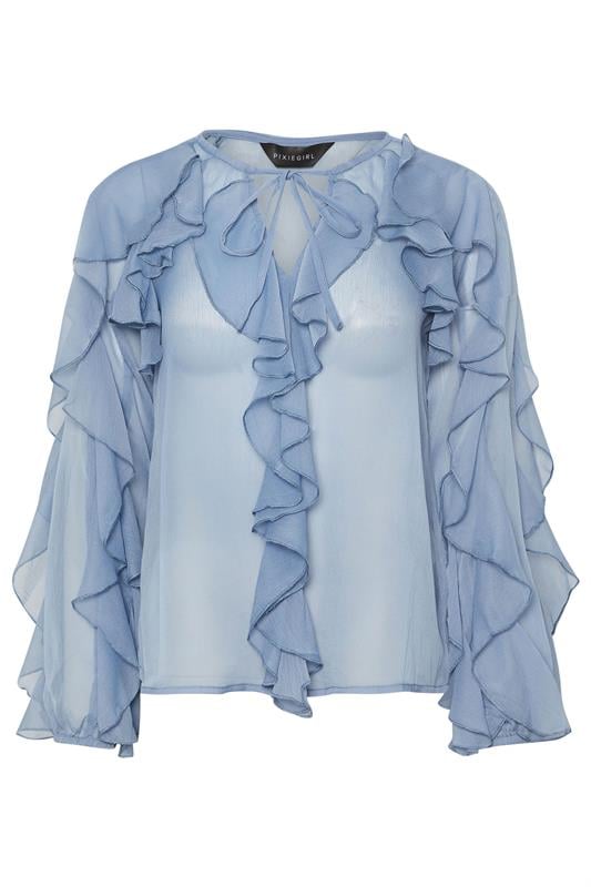 Petite  PixieGirl Petite Blue Chiffon Frill Blouse