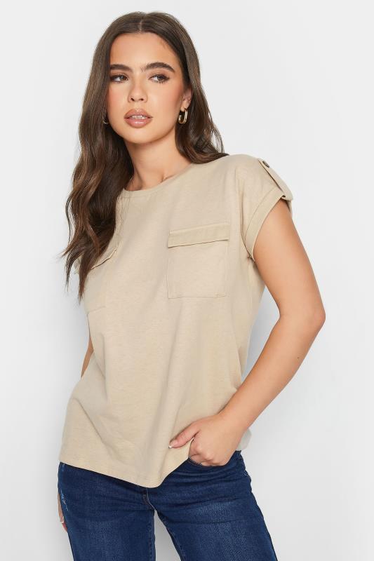 Petite Natural Brown Pocket Detail Cotton T-Shirt | PixieGirl 1