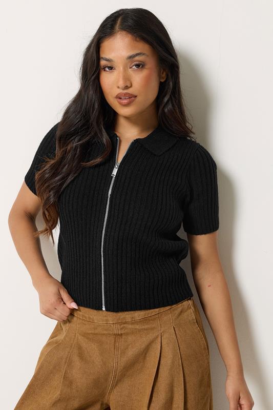  PixieGirl Petite Black Short Sleeve Knitted Zip Cardigan