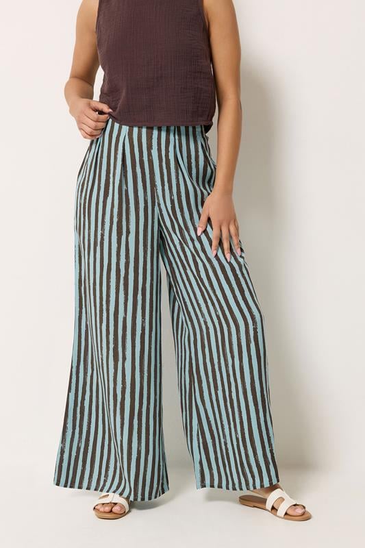 PixieGirl Petite Women's Brown Stripe Palazzo Wide Leg Trousers | PixieGirl  1