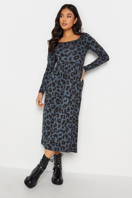 Petite Grey Leopard Print Long Sleeve Midi Dress | PixieGirl 2