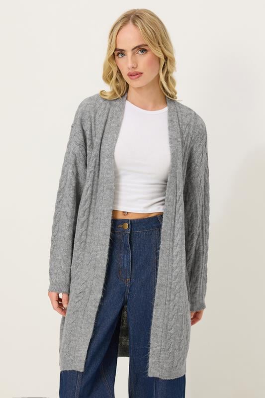 PixieGirl Petite Women's Grey Cable Knit Belted Midi Cardigan | PixieGirl 1