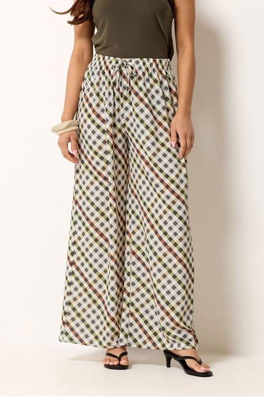 PixieGirl Petite Women's Natural Brown Gingham Wide Leg Trousers | PixieGirl 1
