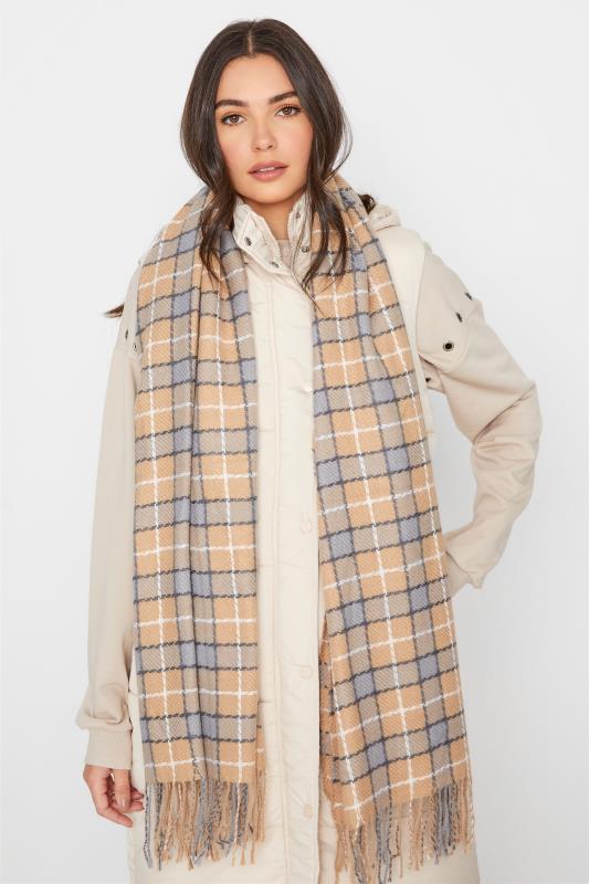 Plus Size  Yours Beige Brown Check Print Tassel Scarf
