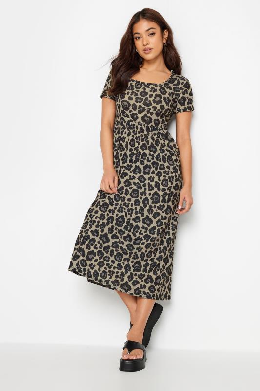 PixieGirl Petite Womens Beige Brown Leopard Print Midi Smock Dress | PixieGirl 2