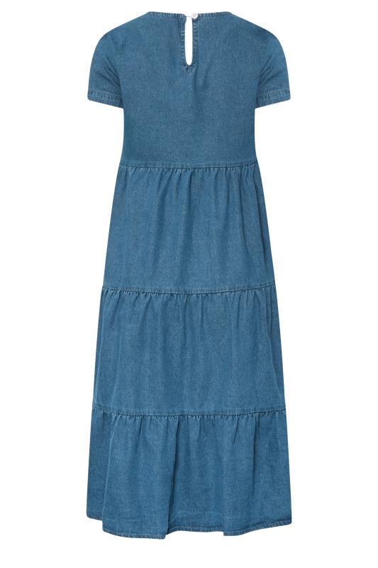 PixieGirl Petite Womens Blue Denim Tiered V-Neck Midi Dress | PixieGirl 7