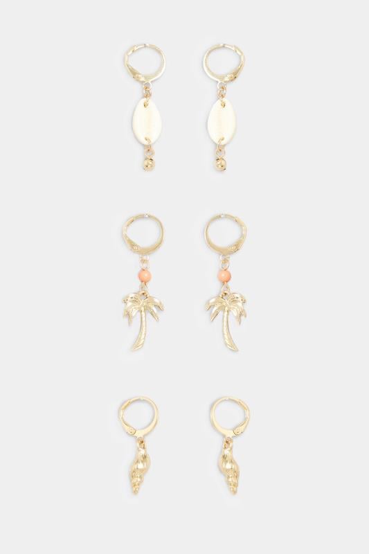3 PACK Gold Shell Palm Earrings Set | Yours Clothing 3