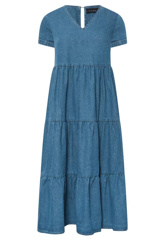 PixieGirl Petite Womens Blue Denim Tiered V-Neck Midi Dress | PixieGirl 6