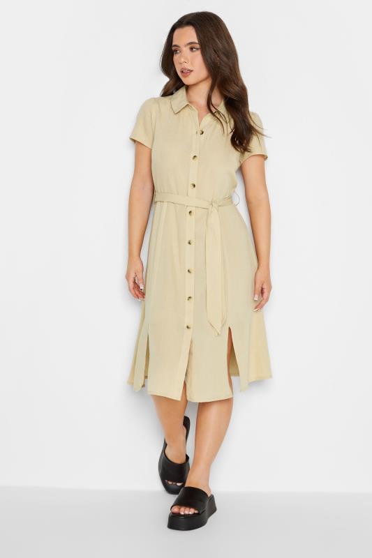 PixieGirl Petite Womens Stone Brown Linen Button Through Midi Dress | PixieGirl 3