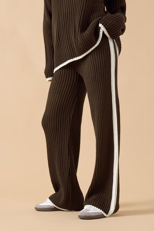 PixieGirl Petite Women's Chocolate Brown Knitted Side Stripe Trousers | PixieGirl 2