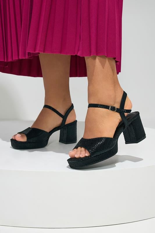 Black Snake Effect Square Toe Platform Heels In Wide E Fit