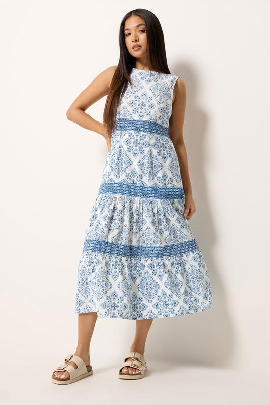 M&Co Petite Light Blue Tile Print Tiered Midi Dress | M&Co 1