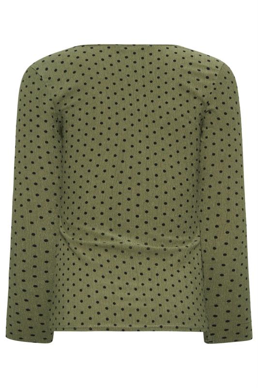 Petite Khaki Green Square Neck Spot Print Long Sleeve Top | PixieGirl 8