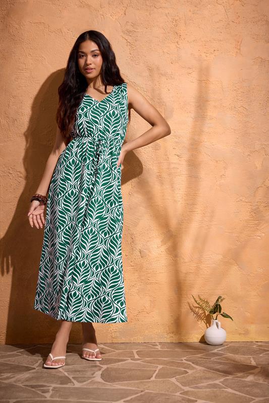  M&Co Petite Green Leaf Print Cotton Maxi Dress