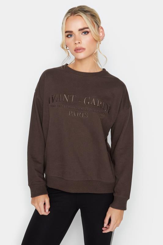 Petite Brown 'Avant-Garde' Embroidered Crew Neck Sweatshirt | PixieGirl  1