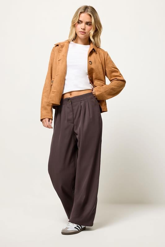 Petite  PixieGirl Petite Brown Pleated Wide Leg Trousers