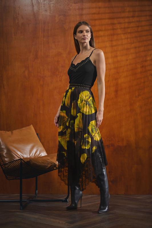   STAR Yellow Floral Pleated Mesh Skirt