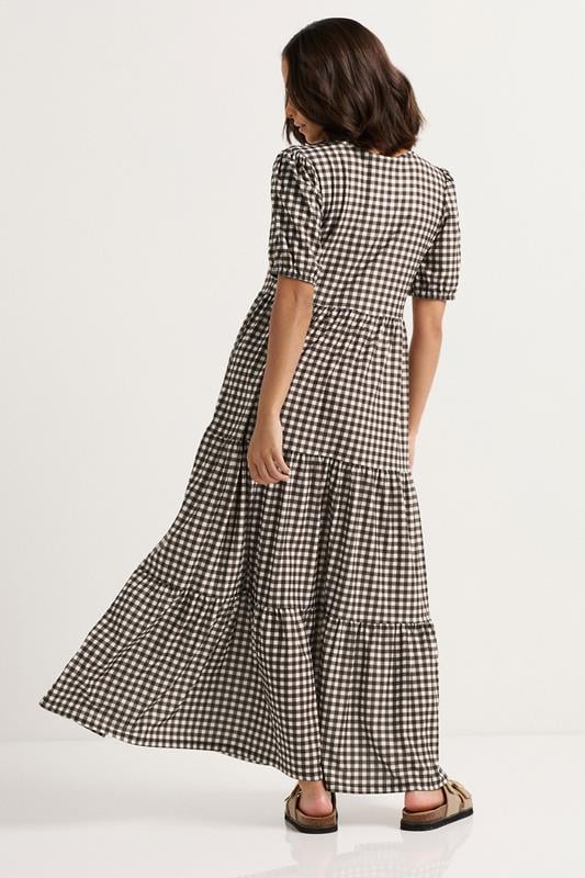 PixieGirl Petite Women's Brown Gingham Tiered Maxi Dress | PixieGirl 3