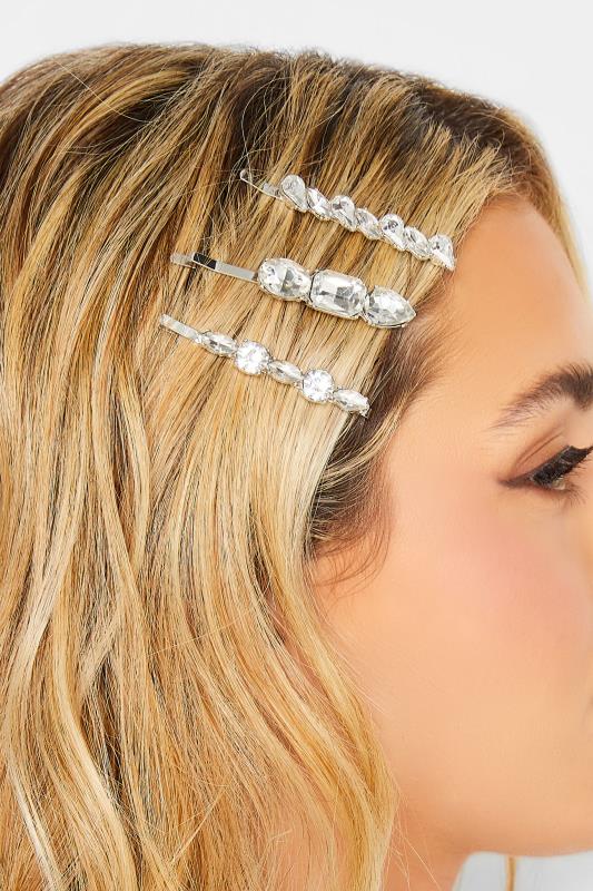 3 PACK Silver Crystal Hairslide Set | Yours Clothing 1