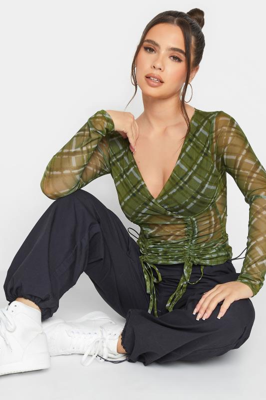 Petite Green Checked Ruched Front Wrap Top | PixieGirl  5