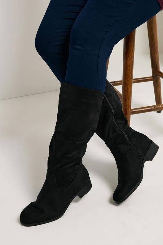 Plus Size  Yours Black Faux Suede Wide Calf Knee High Boots In Extra Wide EEE Fit