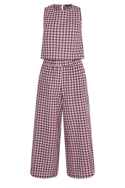PixieGirl Petite Set Burgundy Red Gingham Cotton Top & Wide Leg Trousers