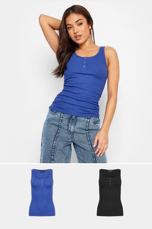 PixieGirl Petite Women's 2 PACK Black & Blue Ribbed Popper Vest Tops | PixieGirl 1